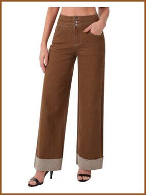 High Waisted Wide Leg Jeans Cuffed Hem Five-Pocket